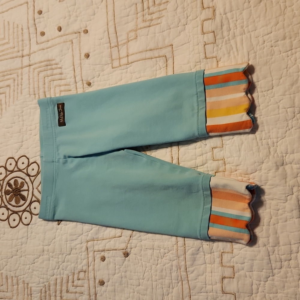 Matilda Jane Capri Leggings Teal w/ Pink Coral Stripe Trim Size 4